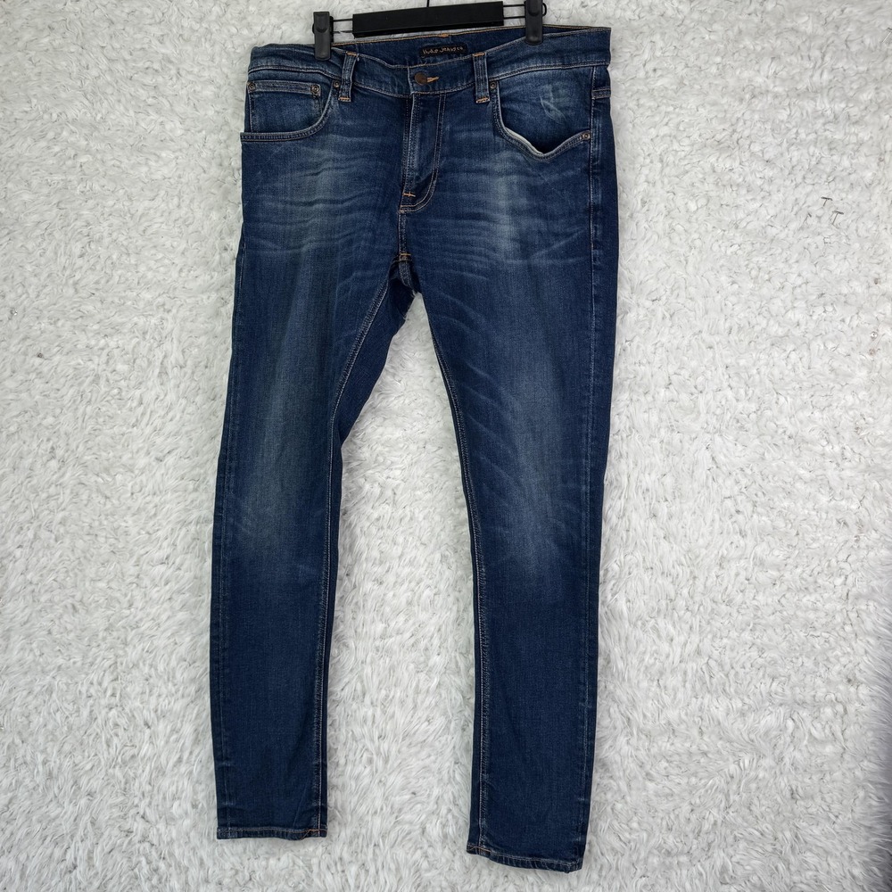 Nudie Jeans Co Jeans Mens 34x32 Blue Tapered Slim Stretch‎ Denim Medium Wash